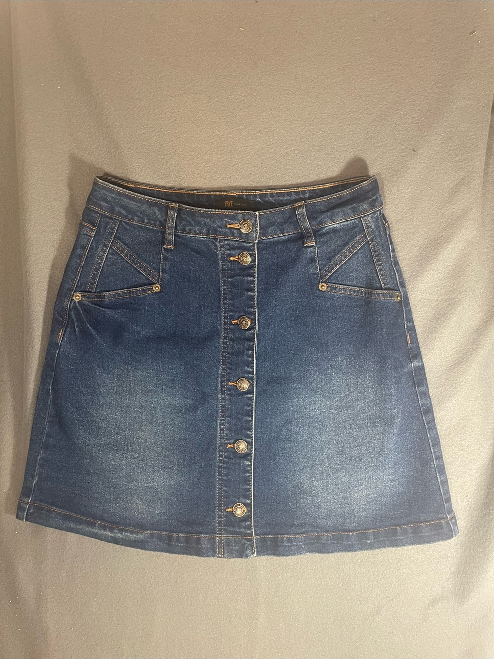 FRYE Denim Mini Skirt Size 8 Medium Wash Button Front Stretch A-Line Jean Skirt